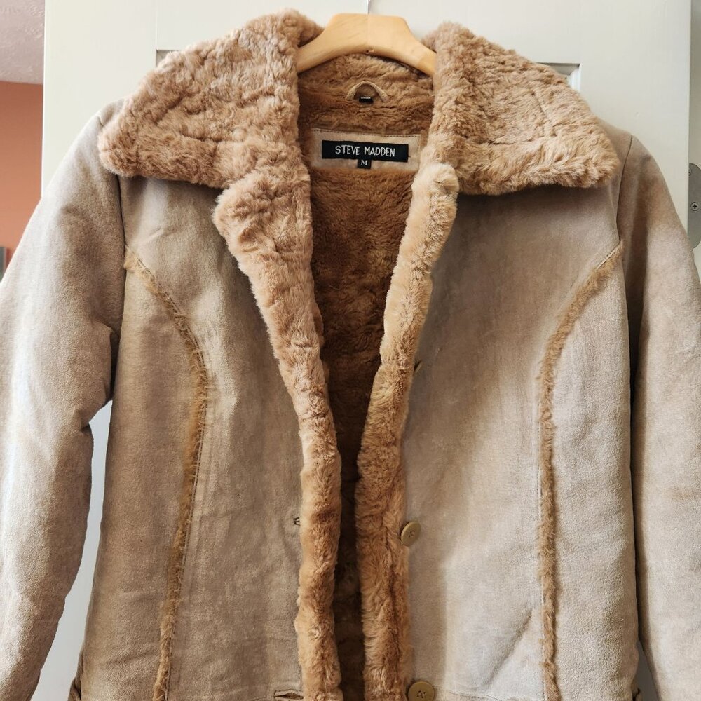 Steve Madden Vintage Y2k Genuine Leather Faux Shearling Long Coat Penny Lane - Picture 3 of 16